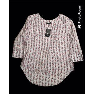 Fred David Pull Over Floral Top V Neck Blouse Button Up 3/4 Sleeve Large